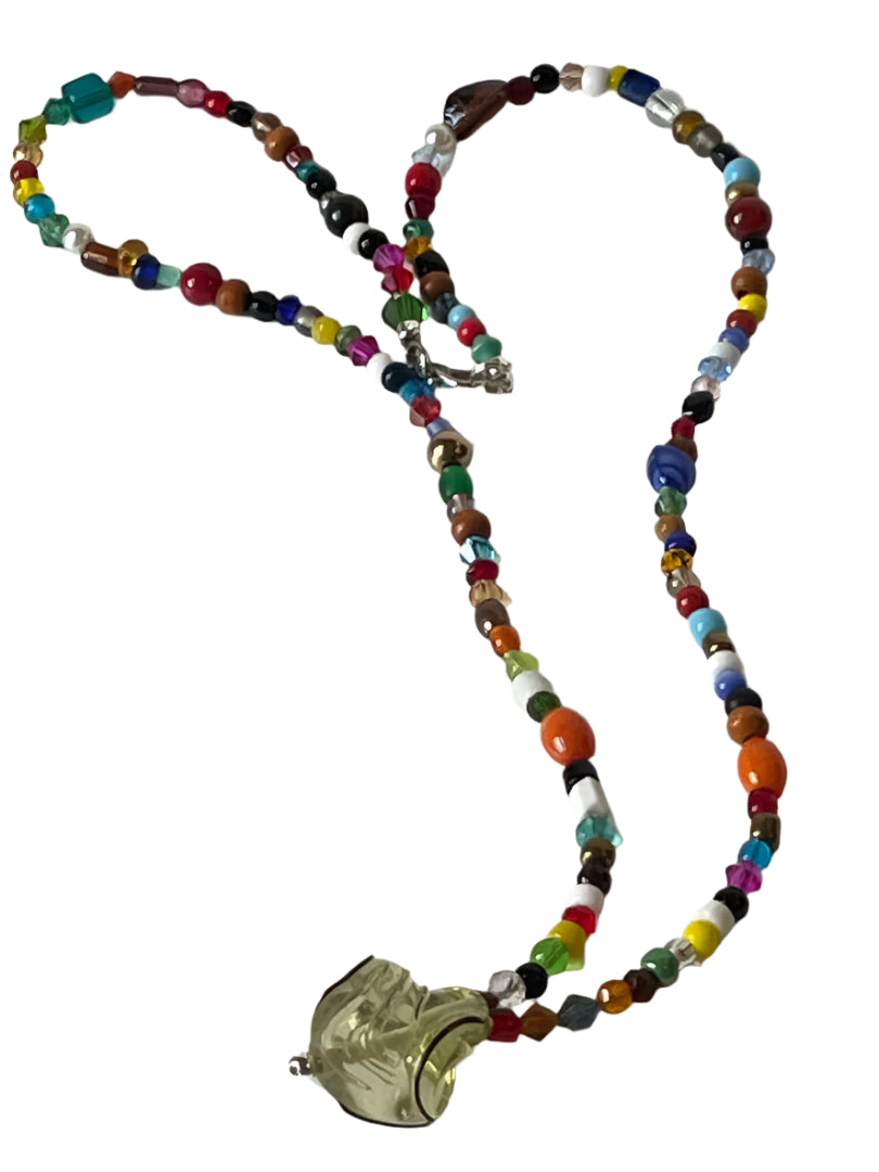 Boho-Chic Seed Bead Necklace – 20” Multi-Color with Clear Swirl Pendant