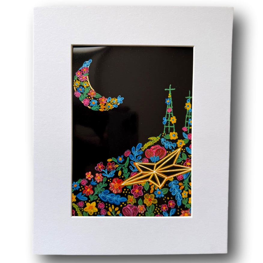 Neon Nights Matted Photo Reproduction 5×7 – Night Sky & Star Art Photo with Neon Florals