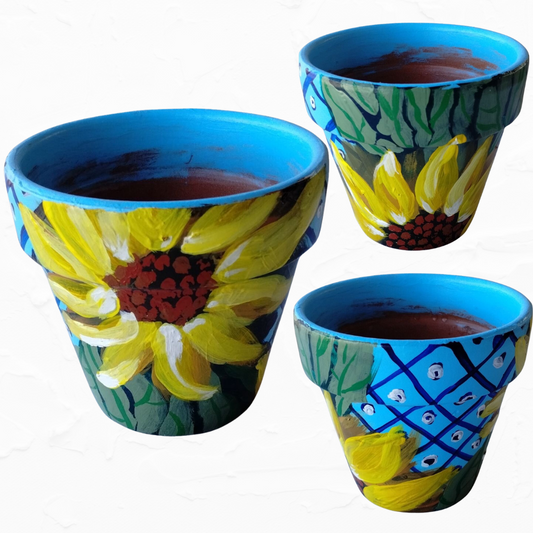 Original Art Garden Pot Sunflower Motif Terracotta Handpainted Sealed 4.5 Inches