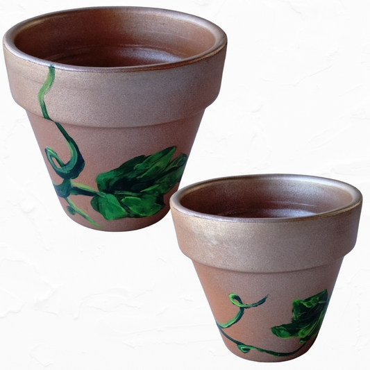 Original Art Garden Terracotta Clay Pot Vines Handpainted Sealed 4 Inches Height