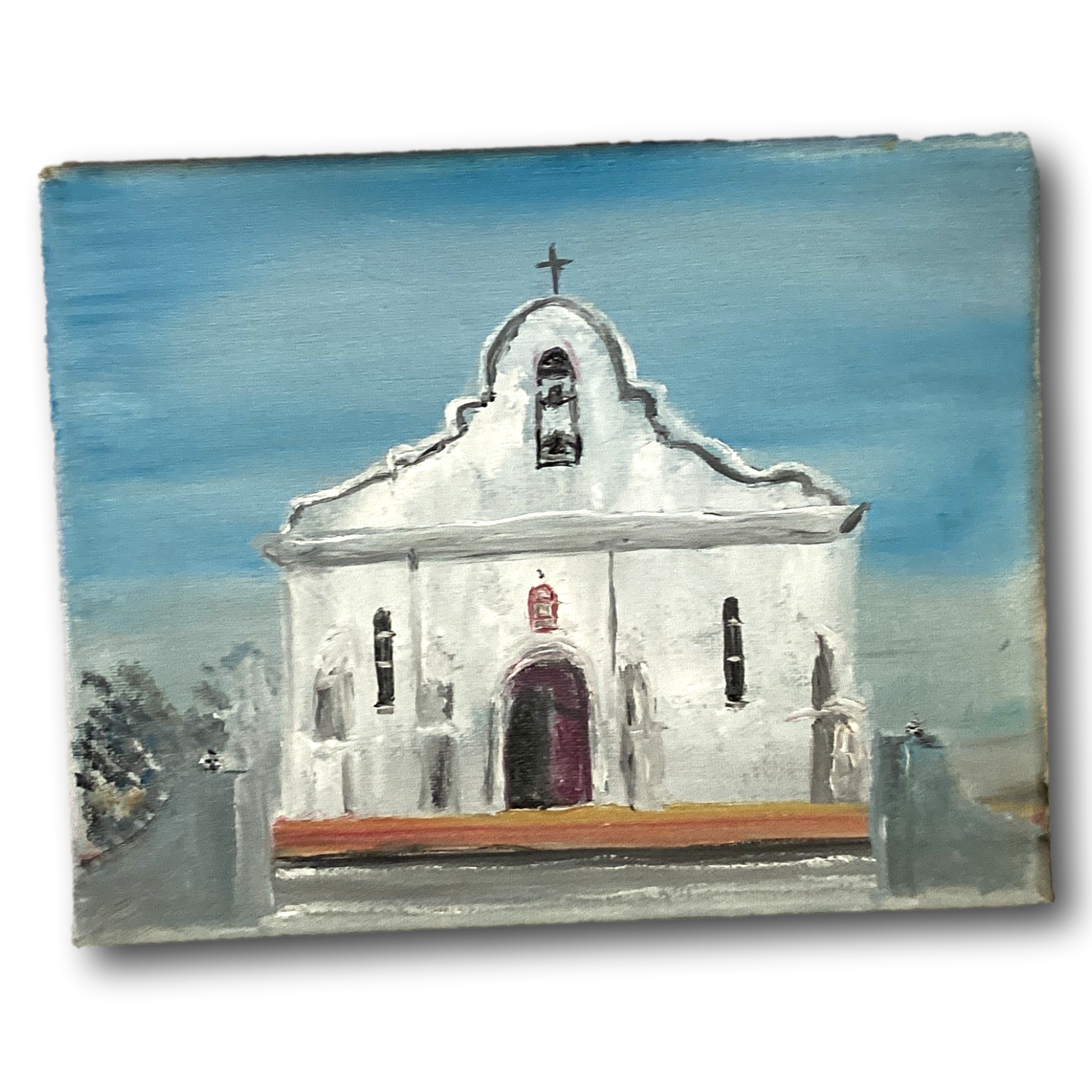 San Elizario original oil painting on canvas by local El Paso artist, 8 x 10 inches, part of El Paso souvenirs and artwork collection.