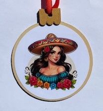 Ornament Sombrero Girl, wood round 3.77 x 4.29 in