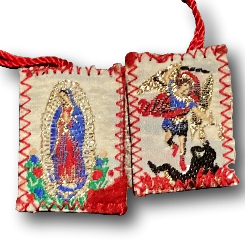 Red cloth Catholic scapular featuring Our Lady of Guadalupe and Saint Michael Archangel, 1-inch size, Christian devotional gift.