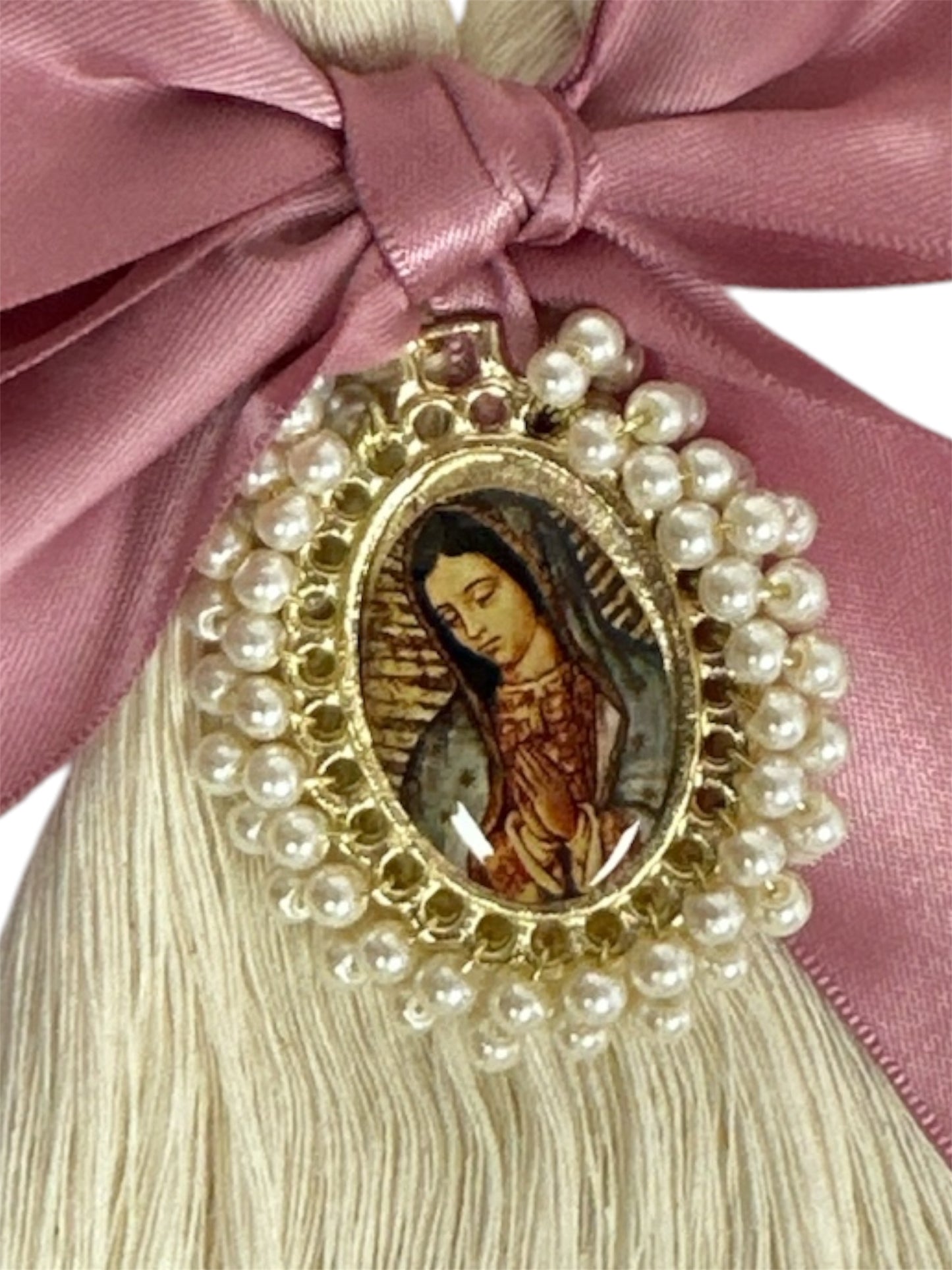 Catholic wall hanging of Our Lady of Guadalupe with pink satin bow, devotional ornament, 8.5 inches tall, by Jose Alberto Chavez.
