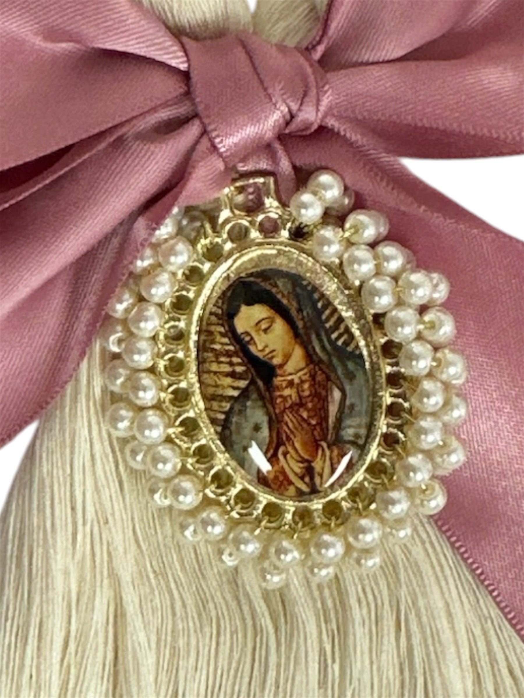 Catholic wall hanging of Our Lady of Guadalupe with pink satin bow, devotional ornament, 8.5 inches tall, by Jose Alberto Chavez.