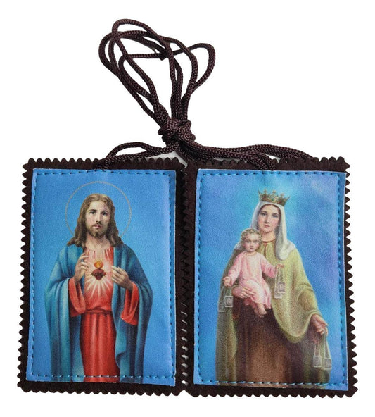 Catholic felt vinyl scapular badge featuring Our Lady of Mount Carmel and Sacred Heart with 21-inch cord, 3x2 inches.