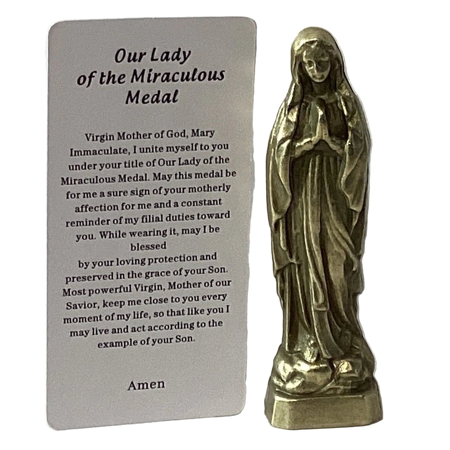 Bronze Our Lady of the Miraculous Medal 3-inch Catholic figurine with prayer card, religious statue for devotion.