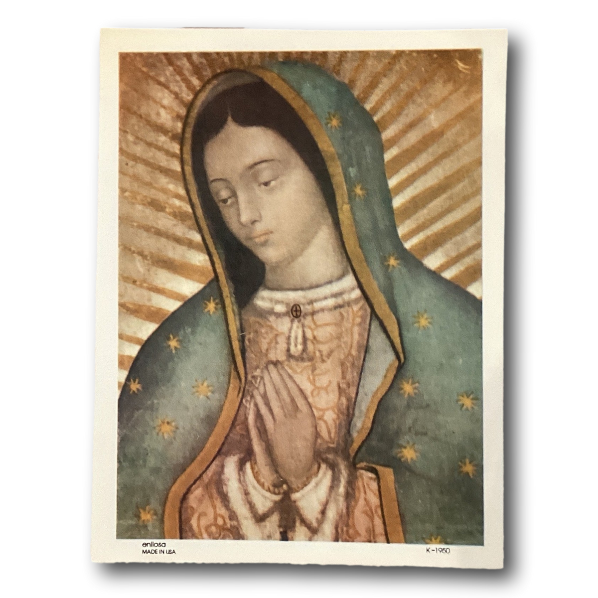 Vintage Our Lady of Guadalupe Catholic religious print, 8.5" x 6.5" from Ysleta Mission Gift Shop, depicting Nuestra Señora de Guadalupe.
