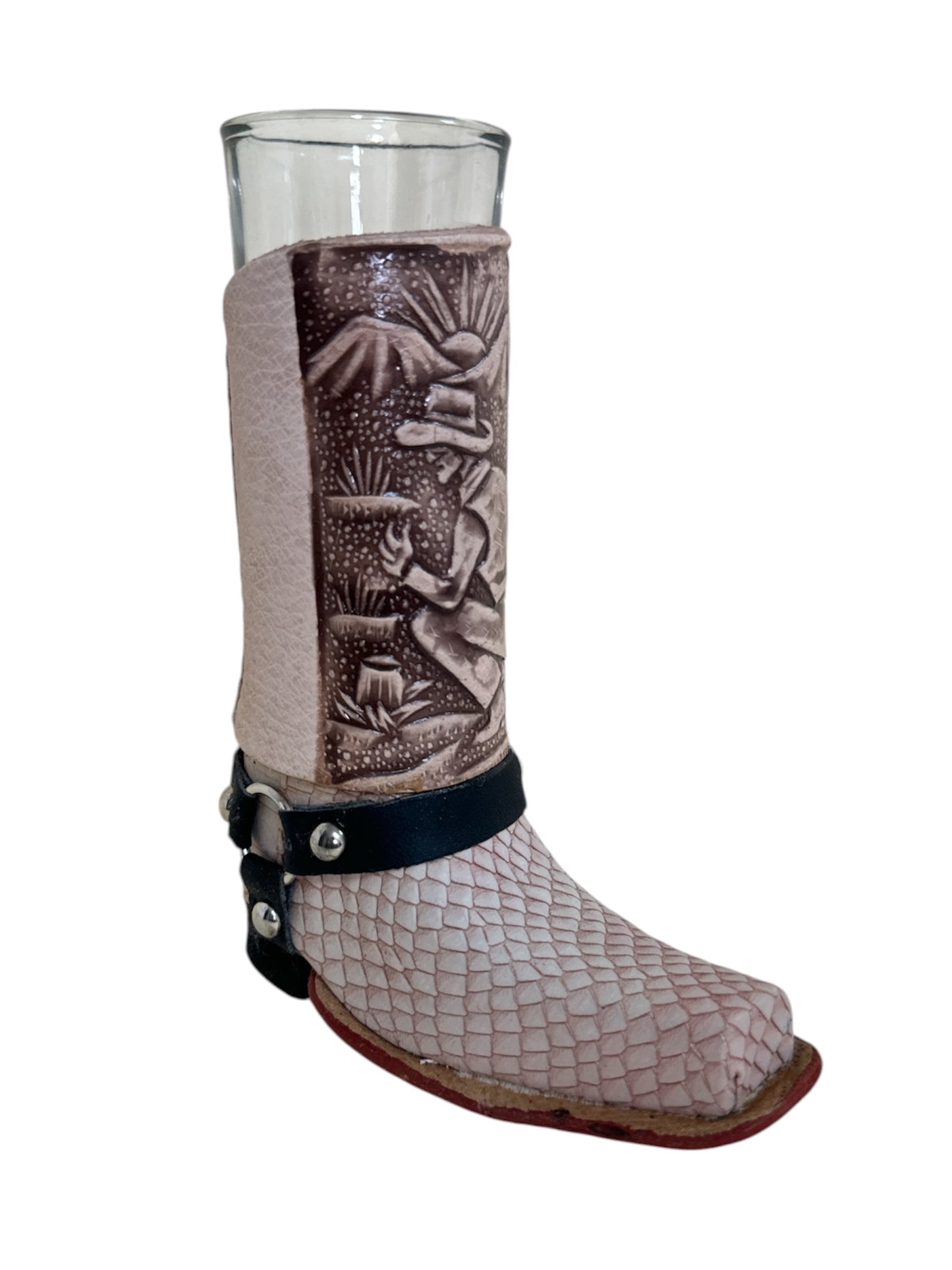 Handcrafted real leather boot shot glass with removable glass insert, 6-inch tall, in assorted styles for home and garden decor.