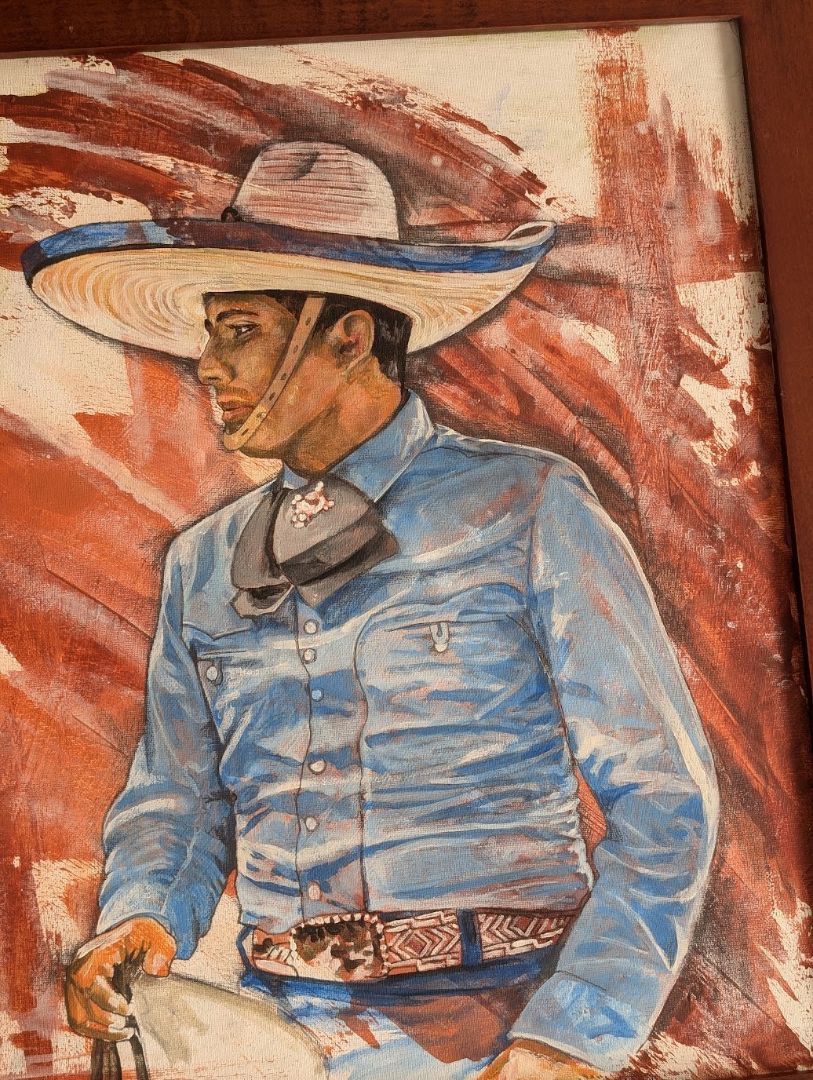 El Charro Azul Acrylic Painting – Charro on Horseback, Stretched Canvas 21x25 Inches