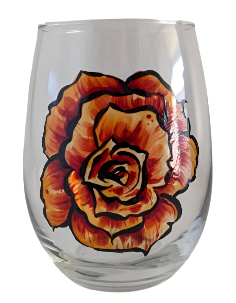 Stemless Valentine’s Wine Glass – Golden Red Rose Design