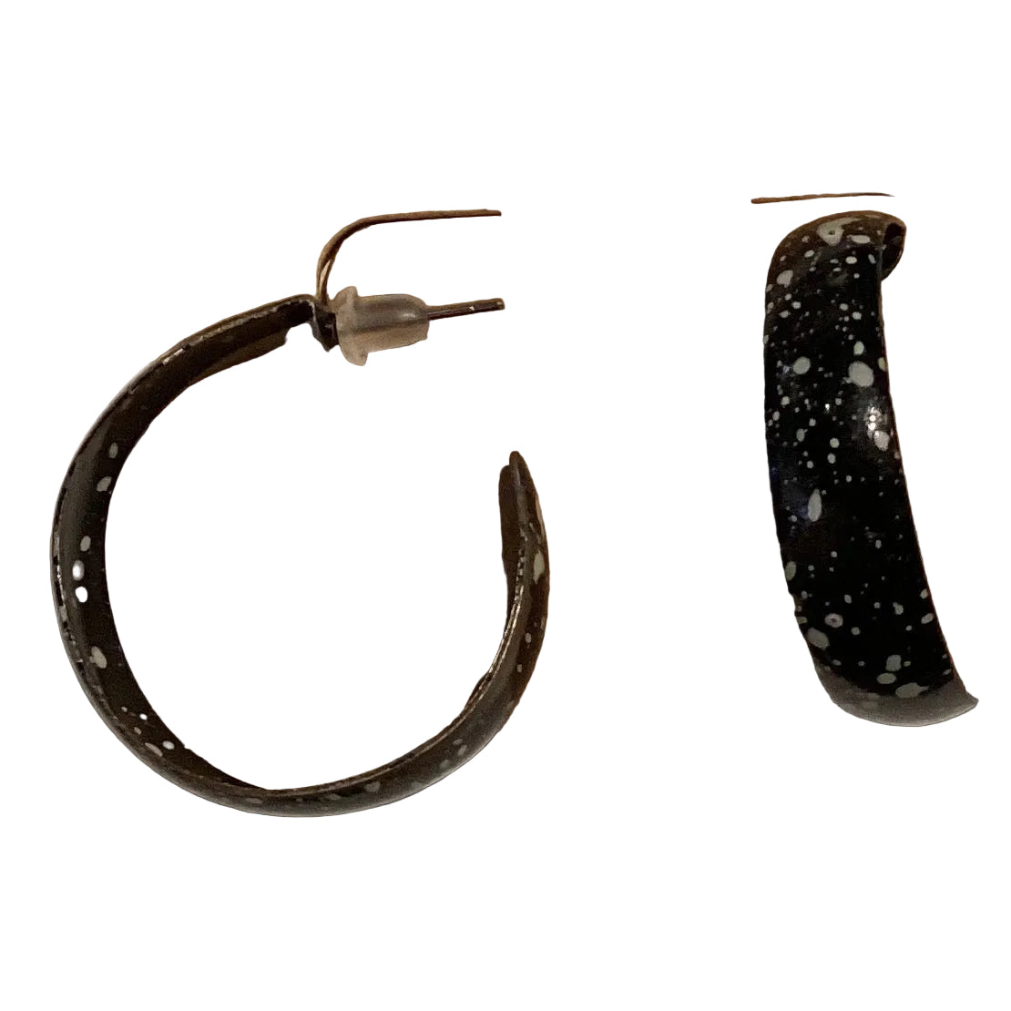 Colorful paint splatter enamel hoop earrings with artisan-inspired design, made of peltre, jewelry and accessories by Ysleta Mission Gift Shop.