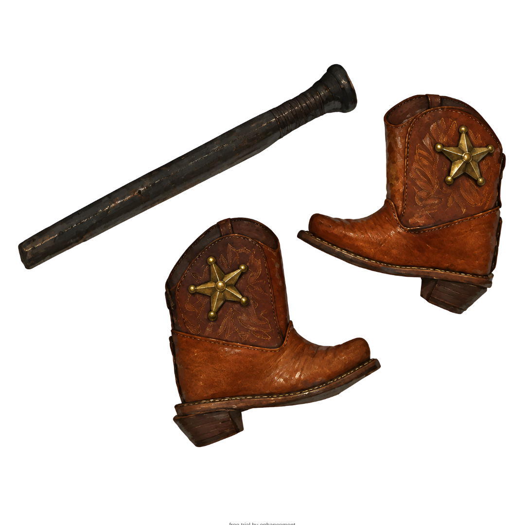 Pair of handmade miniature brown leather cowboy boots with gold sheriff stars and iron nail, vintage collectible from Ysleta Mission.