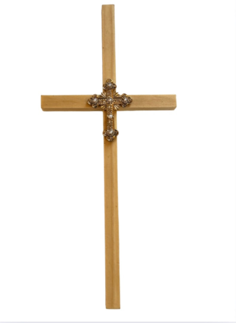 Pine Wood Cross with Gold-Tone Cross Center – Handmade Religious Wall Decor