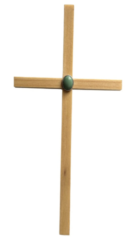Pine Wood Cross with Turquoise Stone Center – Unique Handcrafted Wall Cross