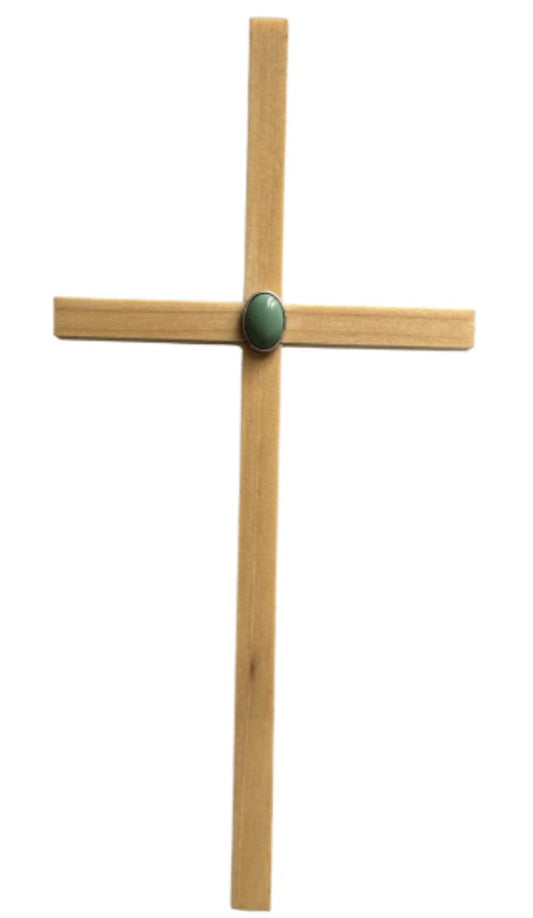 Pine Wood Cross with Turquoise Stone Center – Unique Handcrafted Wall Cross