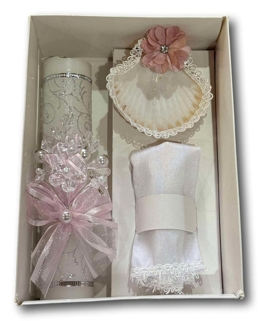 Peach & Ivory Baptism Kit – Satin Floral Candle Shell & Towel for Baby Girl or Boy Christening