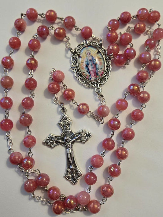 Mother Mary Field of Roses Rosary – Elegant Pink Marble Dedication