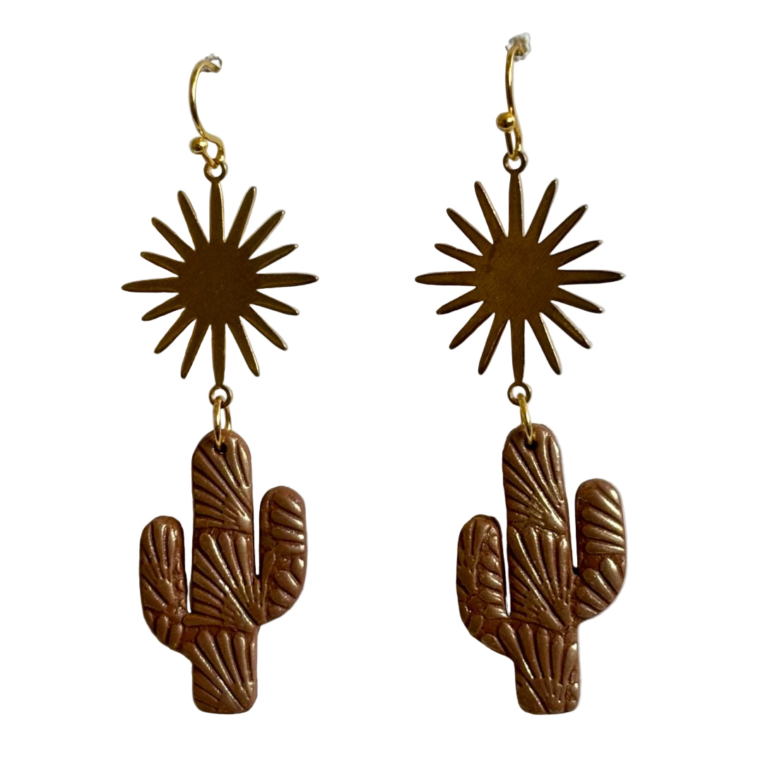 Polymer Clay Cactus Dangle Earrings with Sun Pendant, Gold Hooks