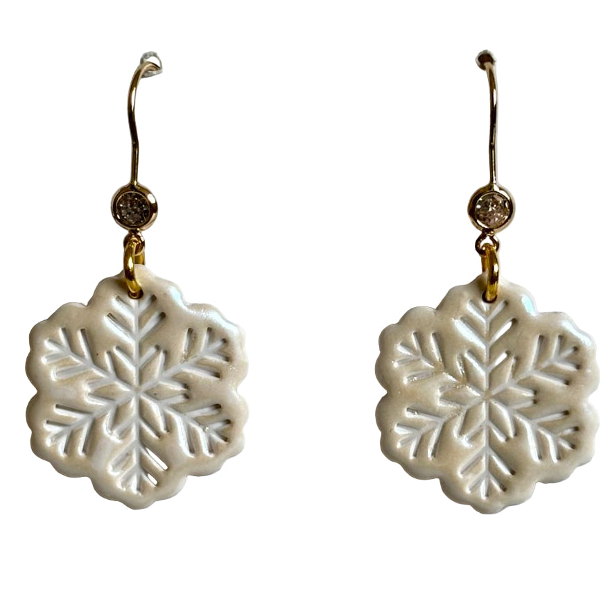Polymer Clay Snowflake Dangle Earrings, 18K Gold Hooks, 1.75 in