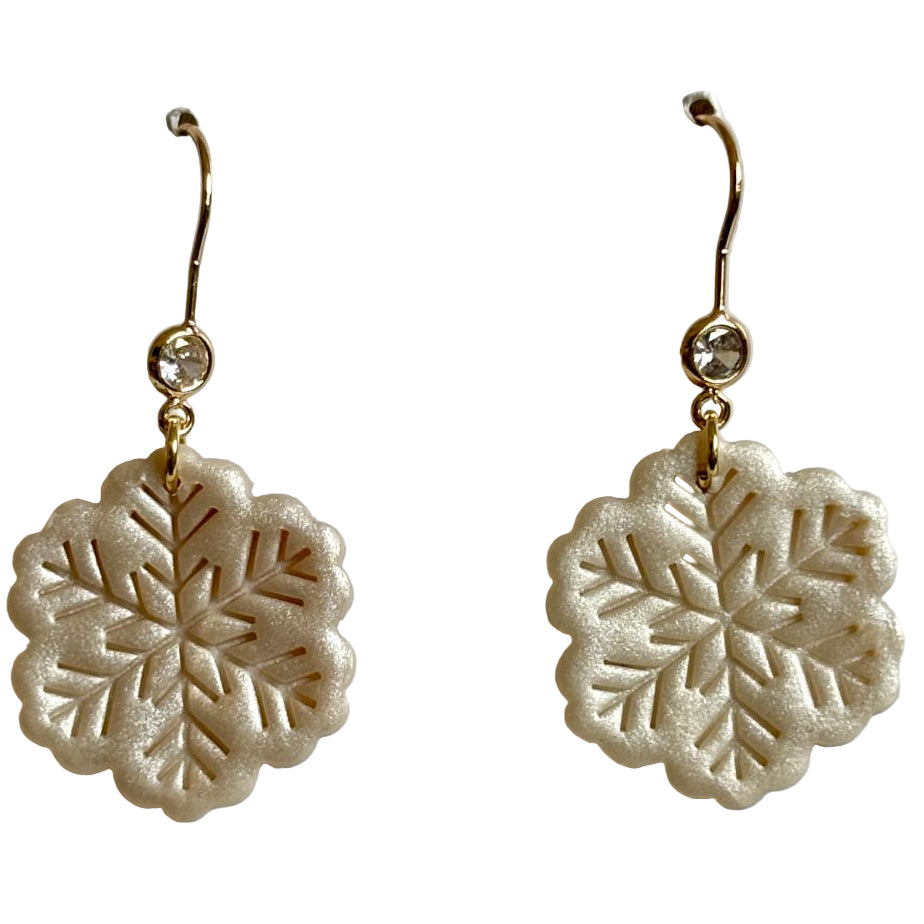 Polymer Clay Snowflake Dangle Earrings – Cubic Zirconia with 18k Gold Plated Hooks (1" W x 1.75" L) - Ysleta Mission Gift Shop