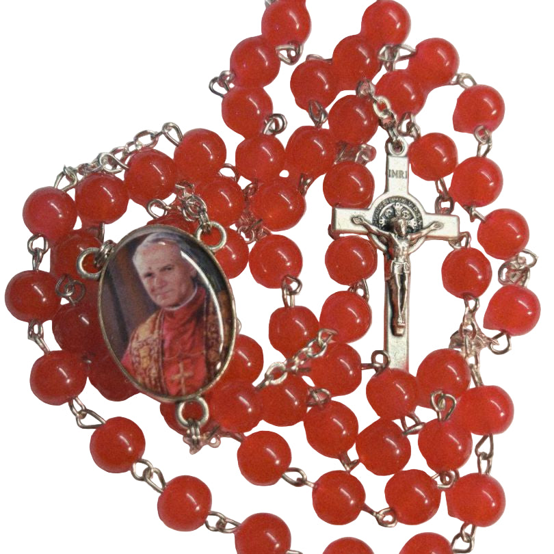 Pope Leo Rosary – Smooth Red Glass Beads with Catholic Medal Centerpiece - Ysleta Mission Gift Shop