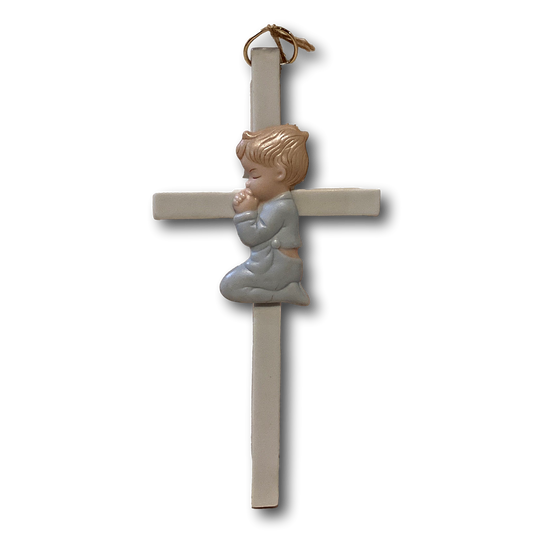 Praying boy in blue pajamas wall cross for children’s bedroom or nursery, 8-inch Catholic Christian crucifix with white and blue design.