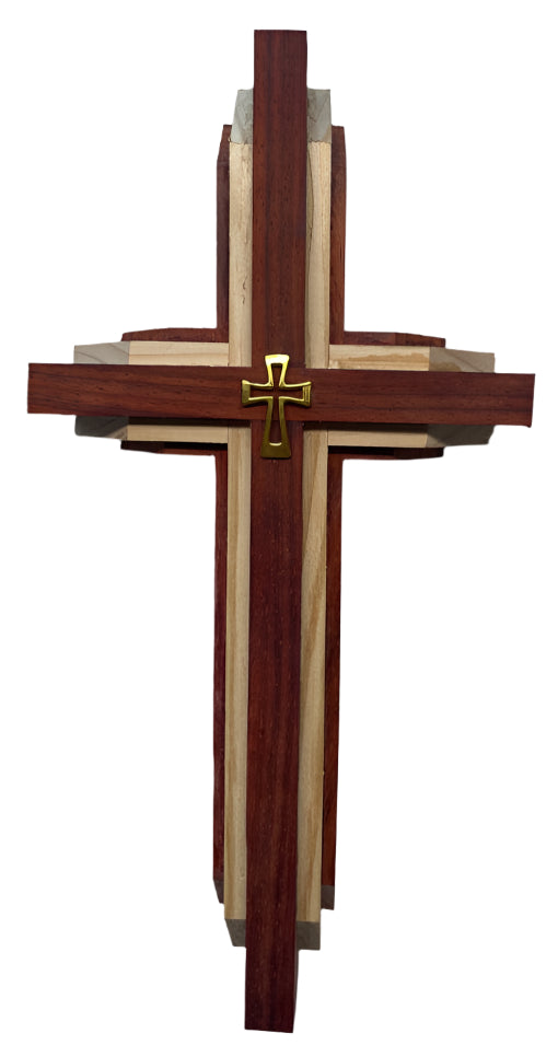 Purple & Green Poplar Wood Cross with Gold Center – Handcrafted Religious Decor – 12.5" x 6"
