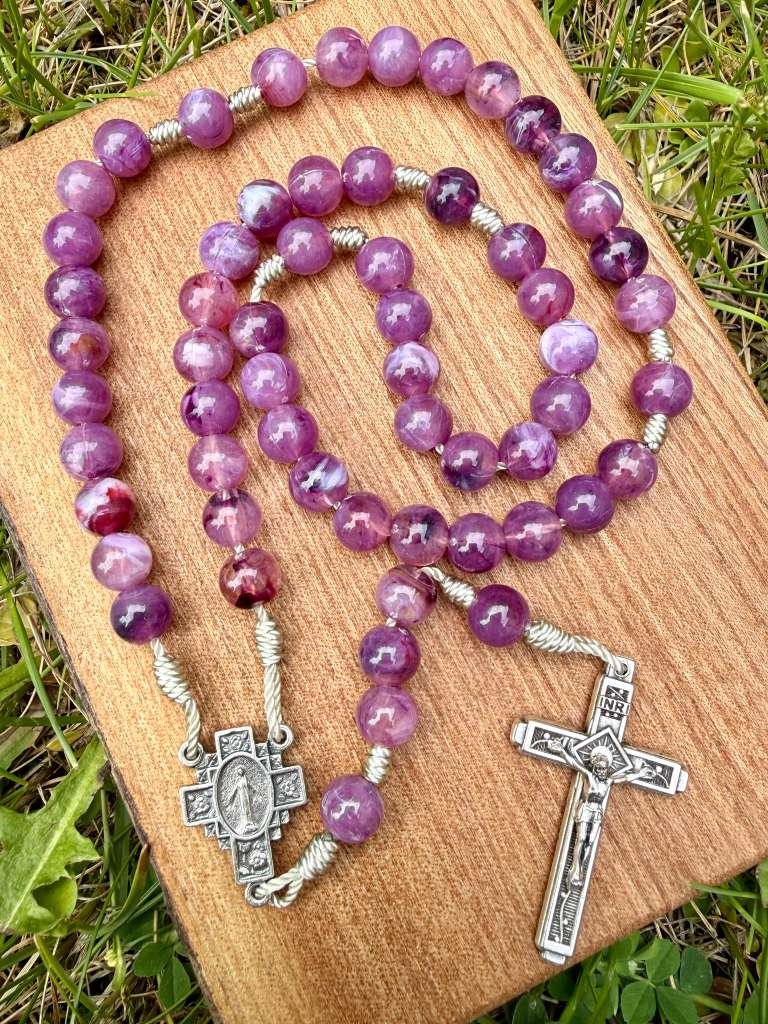 Purple Catholic rosary with Miraculous Medal beads and Fatima crucifix, five-decade Christian rosary by Liza Murphy.