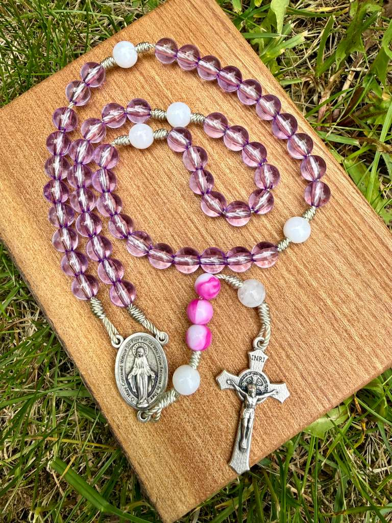 Purple Miraculous Medal rosary with Saint Benedict crucifix, five-decade Catholic Christian rosary by Liza Murphy.