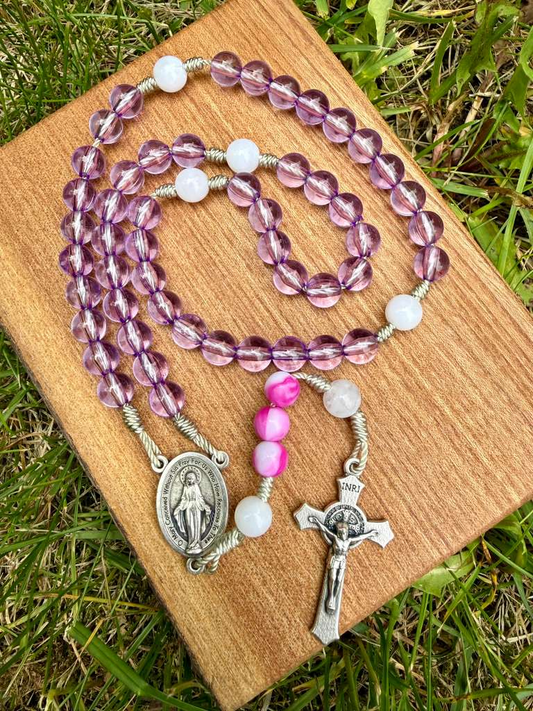 Purple Miraculous Medal rosary with Saint Benedict crucifix, five-decade Catholic Christian rosary by Liza Murphy.