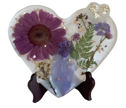 Purple & Silver Resin Heart with Dried Flowers-Wood Easel Included