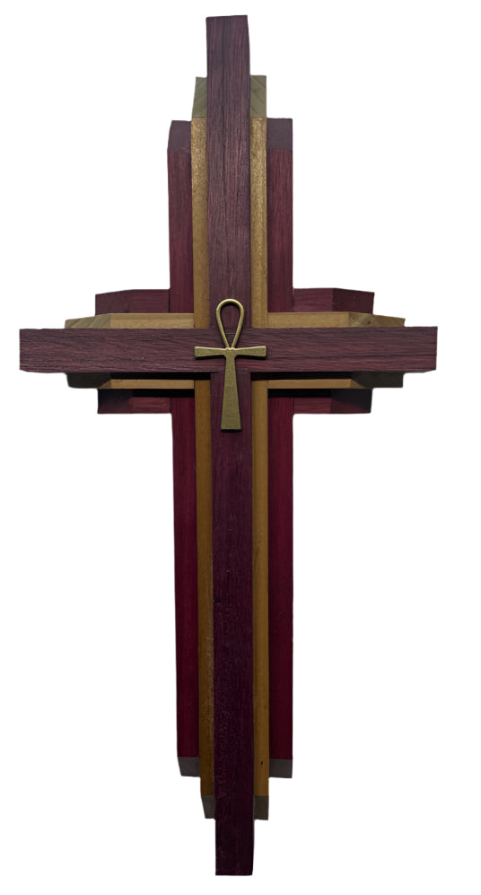 Purple Wood & Red Oak Cross with Gold Center – Unique Wooden Religious Cross – 13.5" x 6.5"