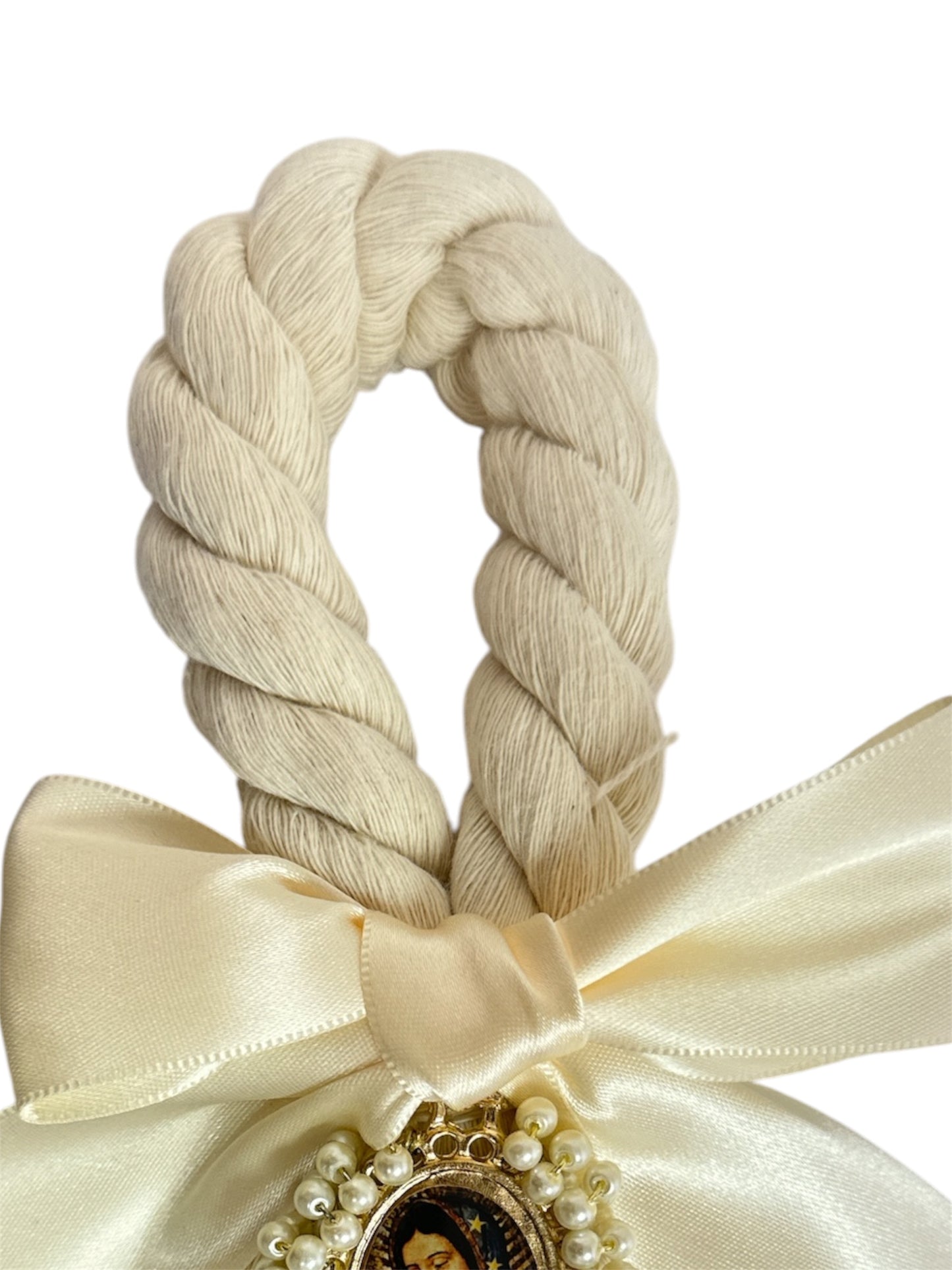 Cream satin bow featuring Our Lady of Guadalupe, 8.5-inch Catholic devotional ornament by Jose Alberto Chavez.