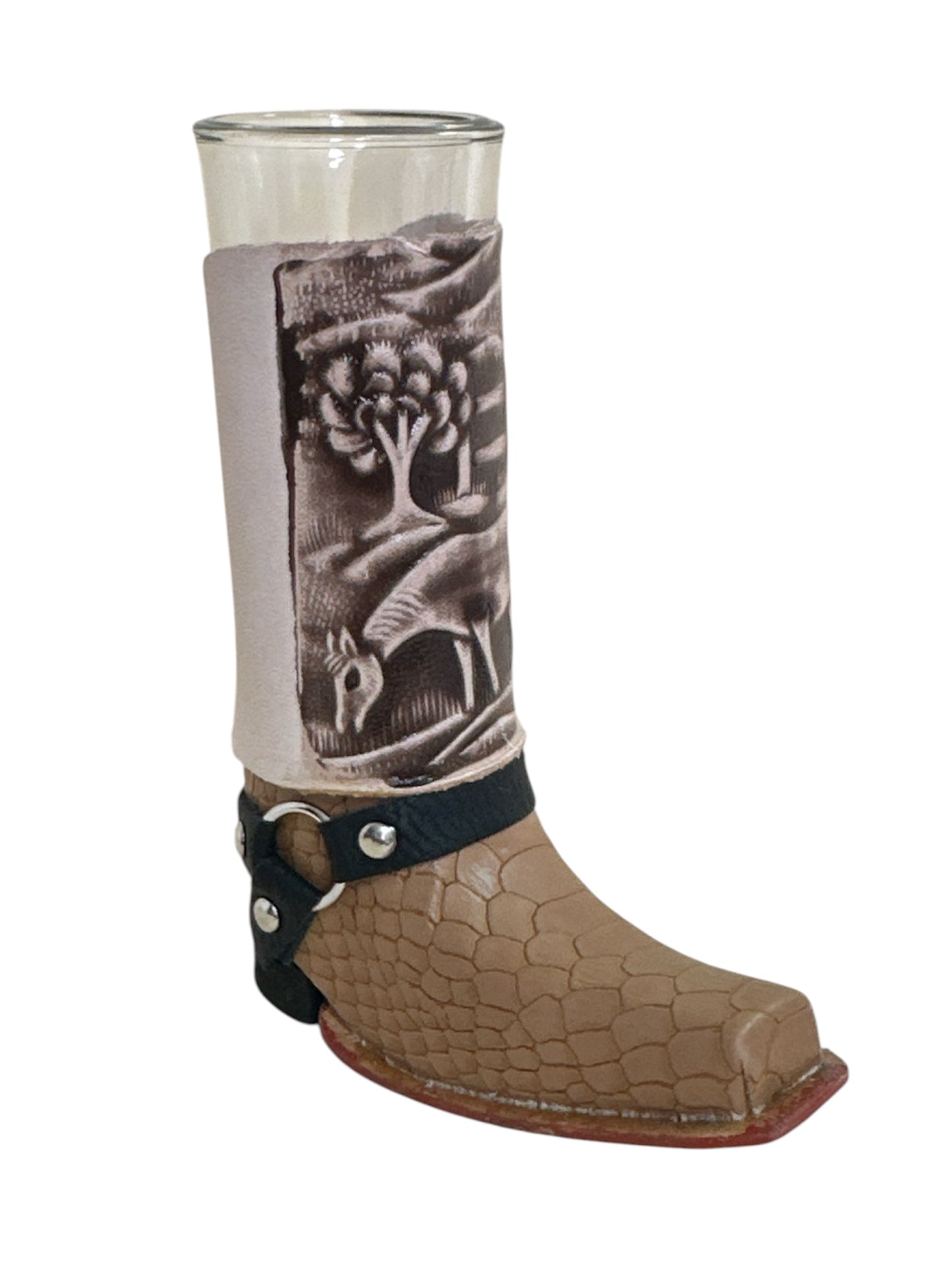 Handcrafted leather boot shot glass with removable glass insert, 6-inch size, in assorted styles, for home and garden decor.