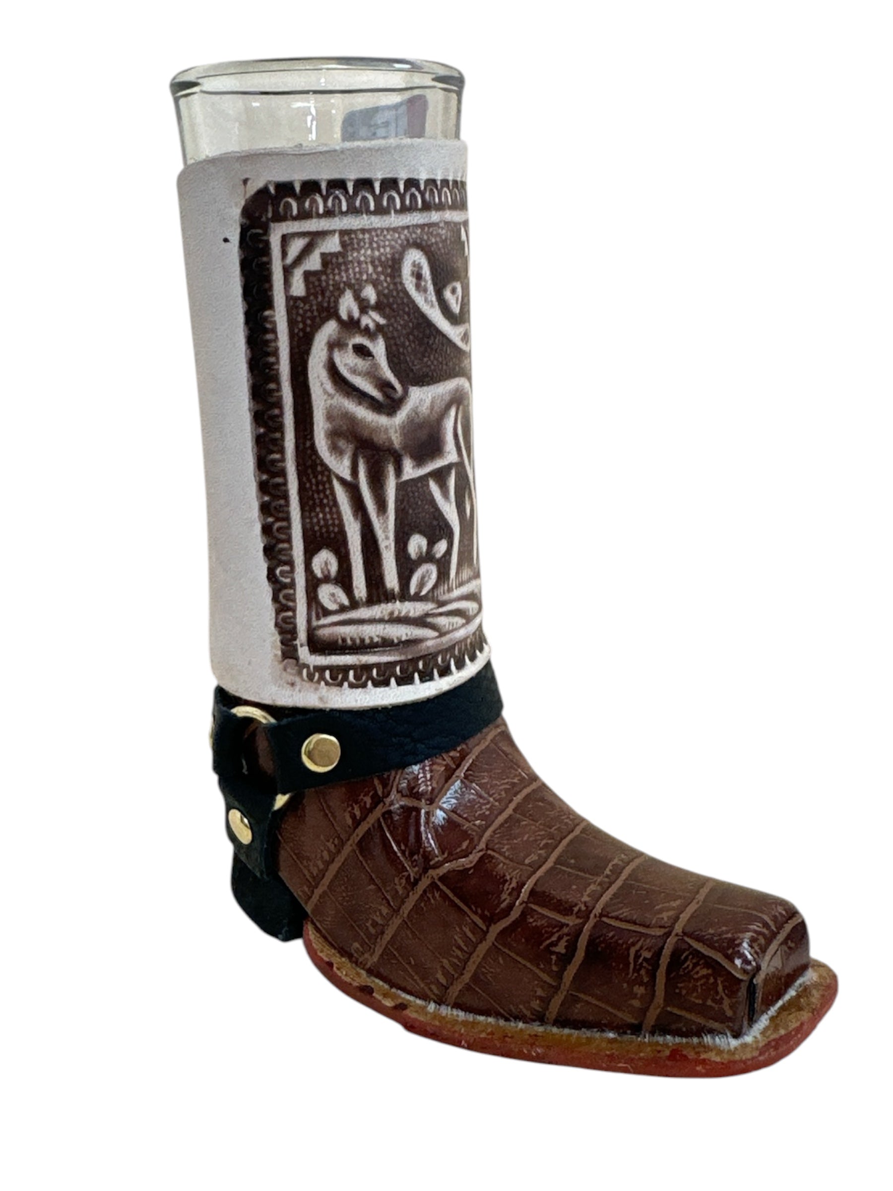 Handcrafted real leather boot shot glass with removable glass insert, featuring assorted styles, 6 inches tall.