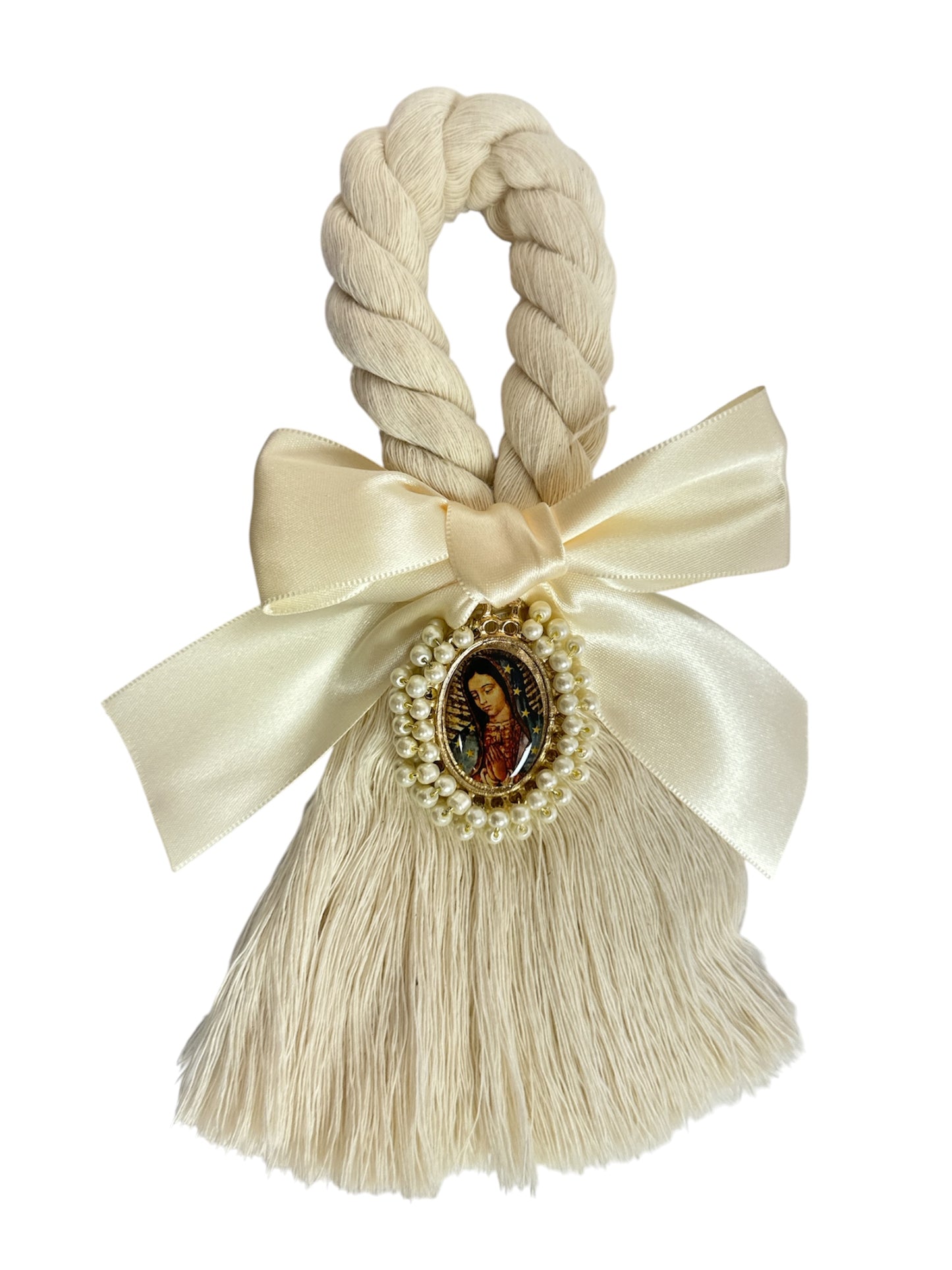 Cream satin bow featuring Our Lady of Guadalupe, a Catholic devotional ornament by Jose Alberto Chavez, 8.5-inch door blessing.
