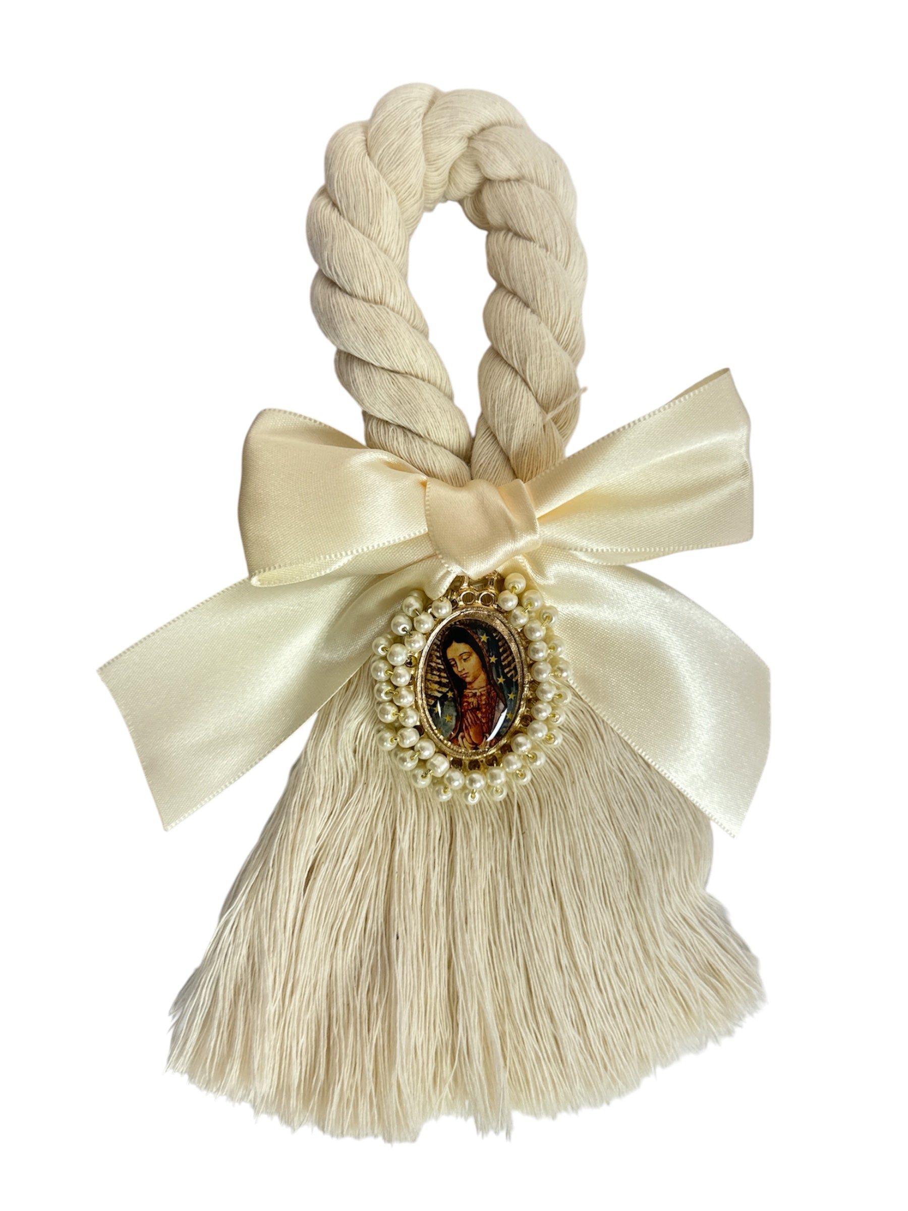 Cream satin bow featuring Our Lady of Guadalupe, a Catholic devotional ornament by Jose Alberto Chavez, 8.5-inch door blessing.