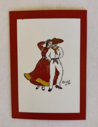 Colorful Mexican dancer magnet featuring a vibrant red couple in traditional attire, 2.5 x 3.5 inches, by Miguel Martinez.