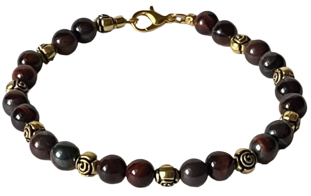 Red Agate & Gold Rose Spacer Bracelet – 8” Nature-Inspired Design