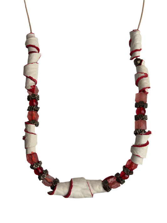 Red Bead White Leather Necklace- Handmade Leather Cord- 15 or 10 Length