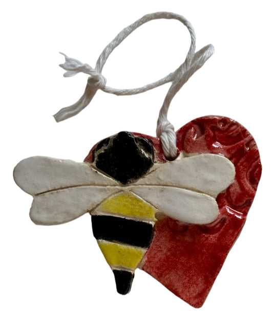 Red Ceramic Heart with Bumble Bee – Handmade Glazed Wall Decor