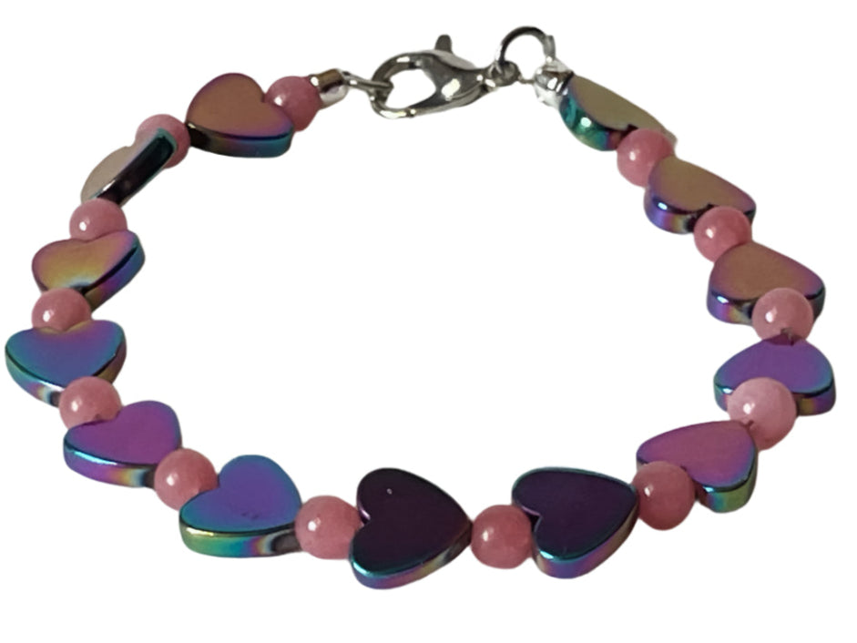 Red Chalcedony & Hematite Heart Bracelet – 6” Spiritual Healing Jewelry