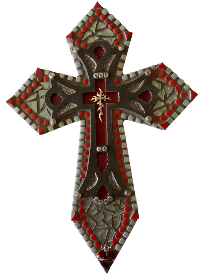 Red & Silver “God Is Love” Mosaic Cross on Wood – Christian Wall Art with Heartfelt Message 16x9 inches