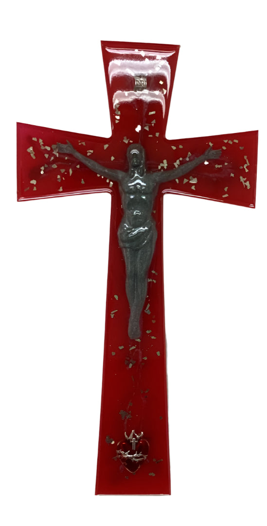 Red & Silver Resin Cross with Corpus and Sacred Heart – 15"x8" Handmade Religious Décor