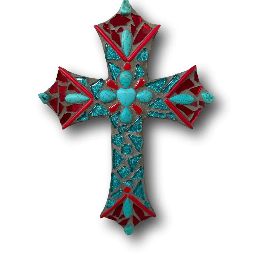 Red & Turquoise Mosaic Cross – Bold Handmade Wood Faith Wall Decor - Ysleta Mission Gift Shop