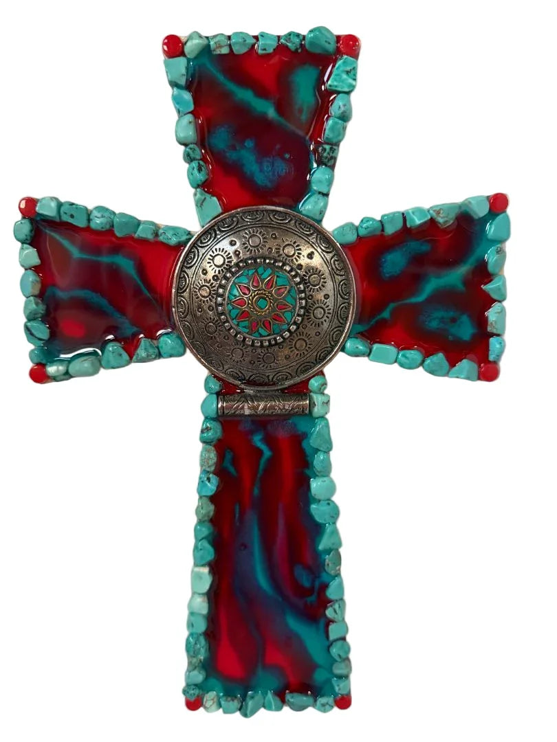 Red & Turquoise Resin Cross – Silver Centerpiece on Wooden Base - Ysleta Mission Gift Shop