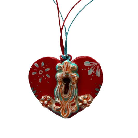 Red sculpted clay heart ornament with key motif 2 x 2.5 in