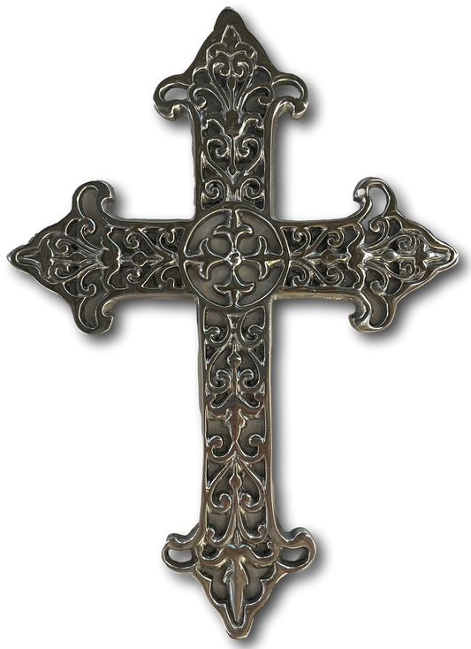 Relief Cutout Pewter Cross – Cathedral-Inspired Wall Decor, 16" x 11"