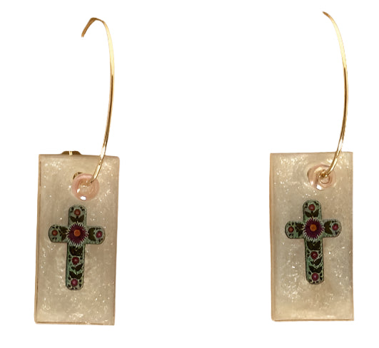 Resin Cross Hoop Earrings – 304 Stainless Steel 2-Inch Golden Hoops